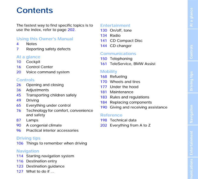 Table of content of 2004 BMW 525i Manual PDF