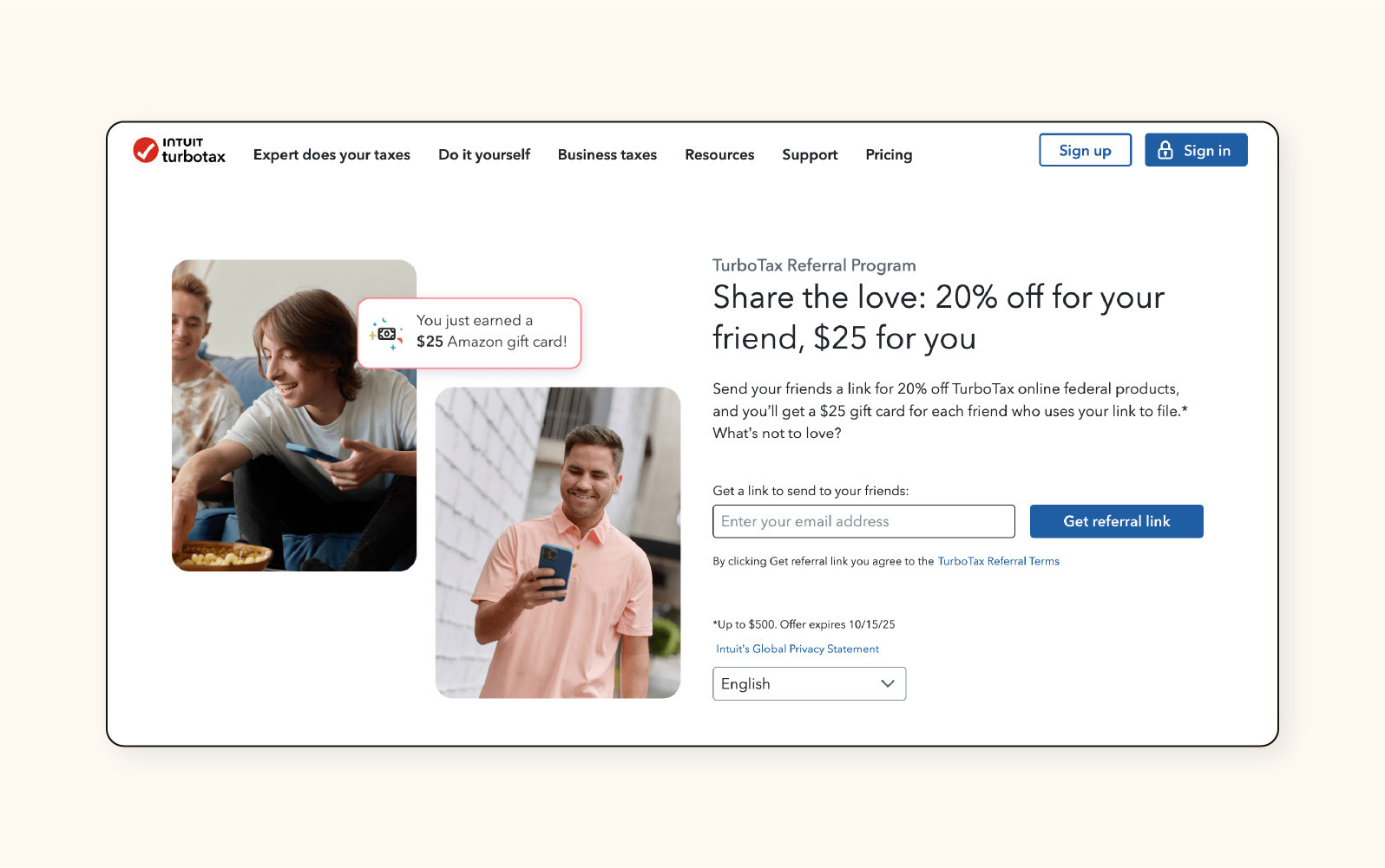 A screenshot of the Intuit TurboTax website referral page.