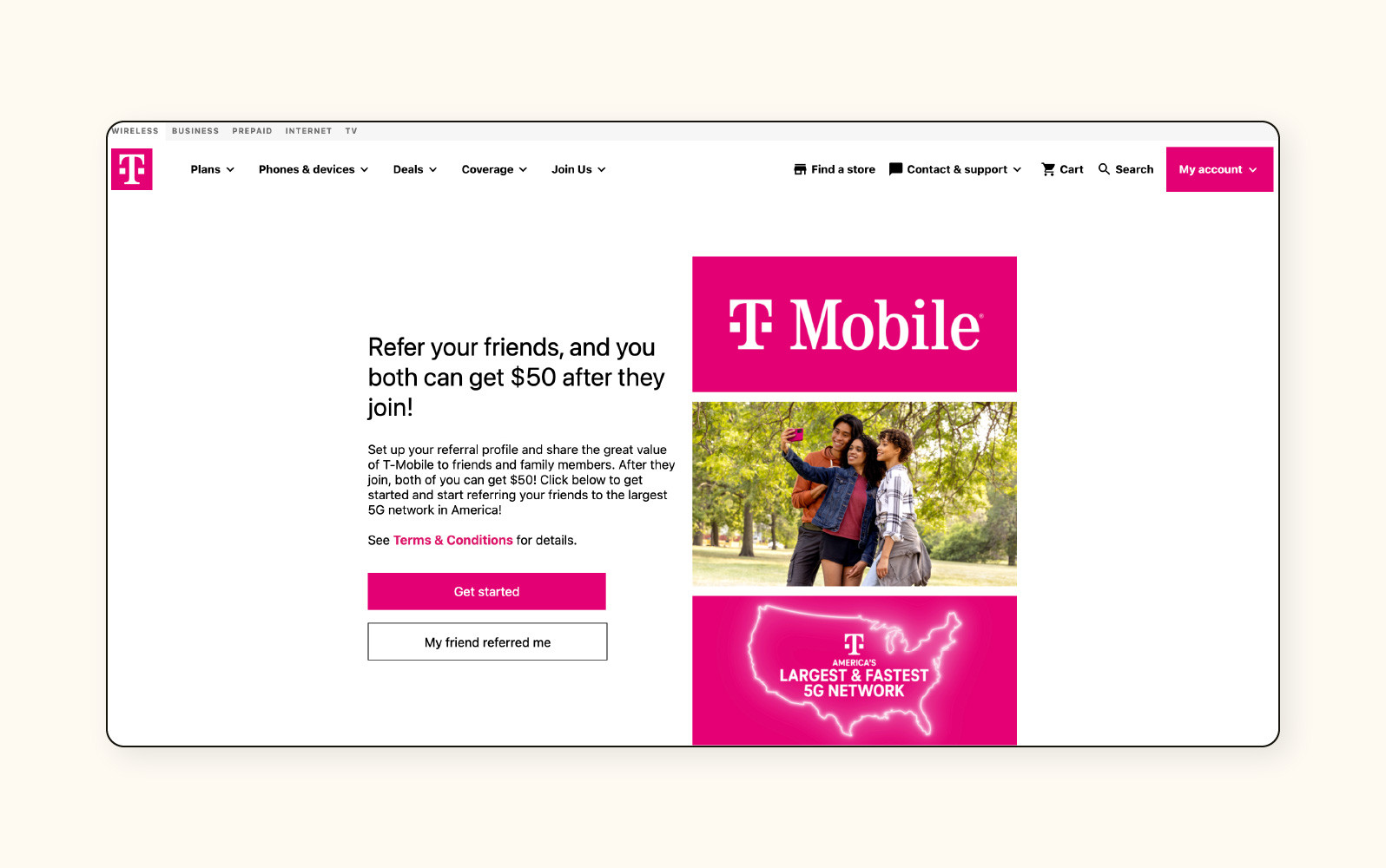 A screenshot of the T-Mobile website referral page.