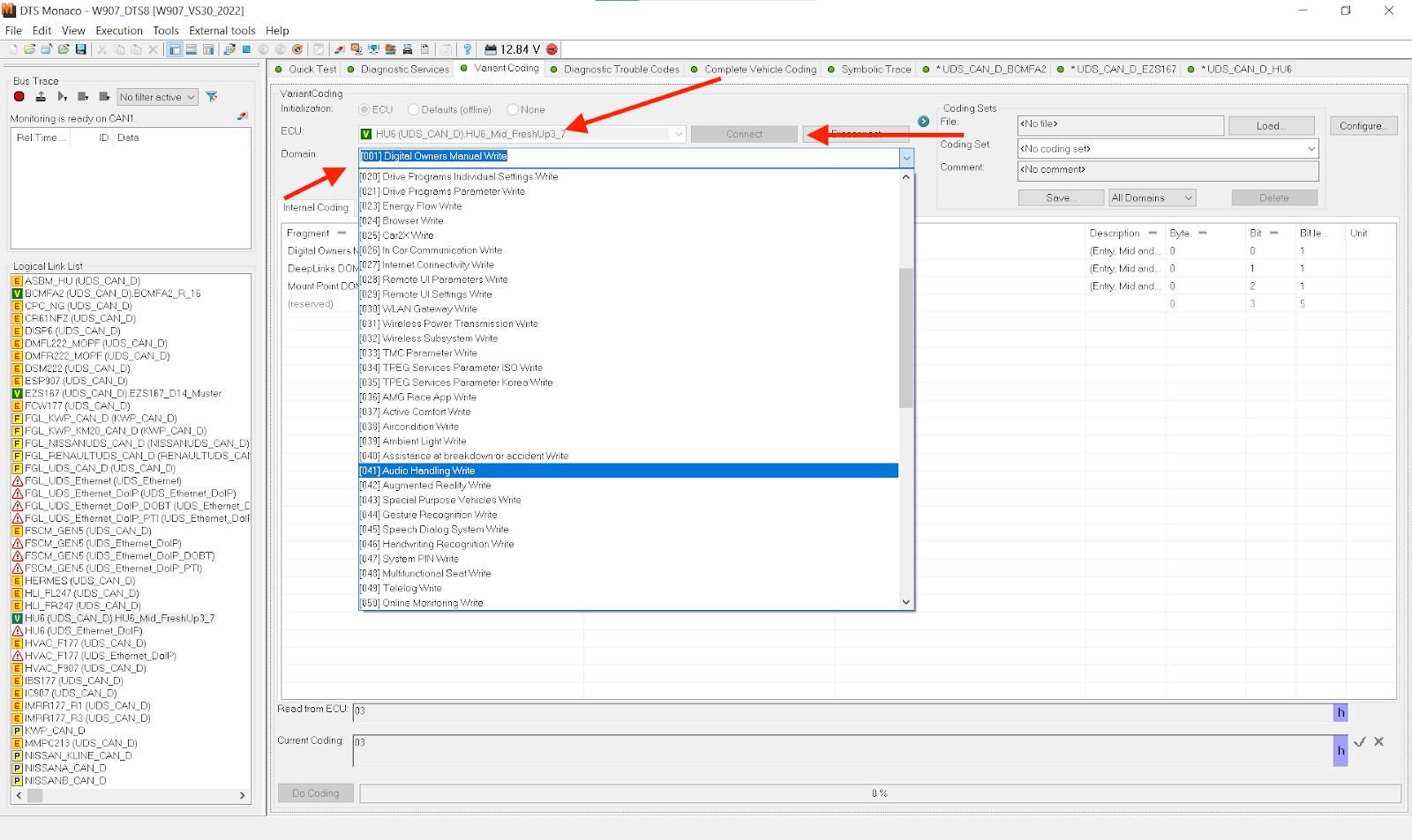 Accessing ECU functions through the domain list in DTS Monaco software