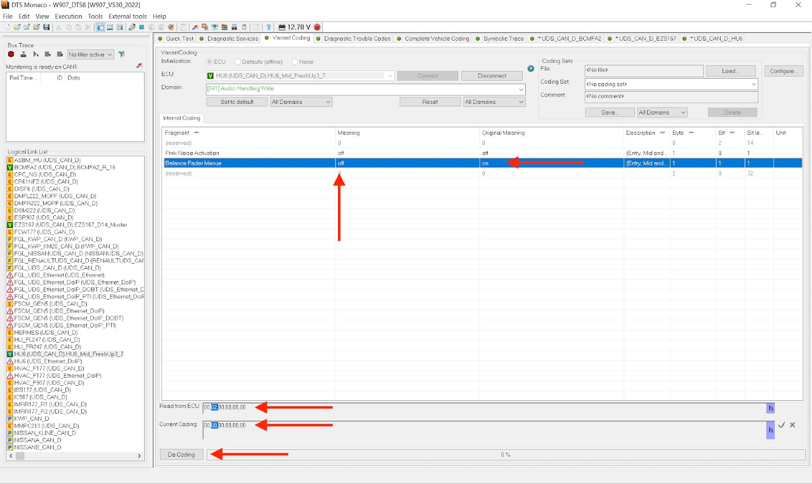 Variant coding tab in DTS Monaco for modifying ECU parameters